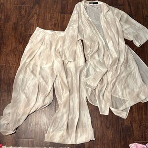 Two Piece Set Sheer Cream Zara Wide-Leg Pants with matching sheer over shawl